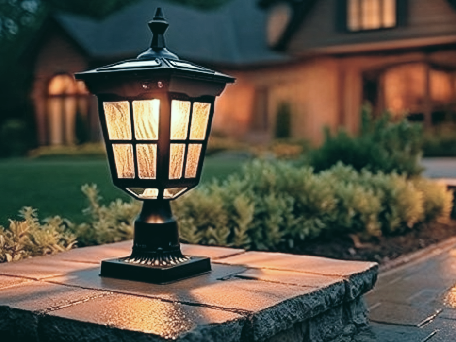 Kemeco solar post light installed on an outdoor pillar at night