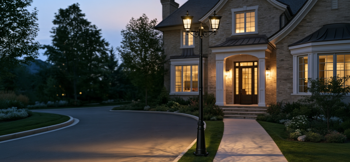 Kemeco double-head solar lamp post beside a home walkway at dusk